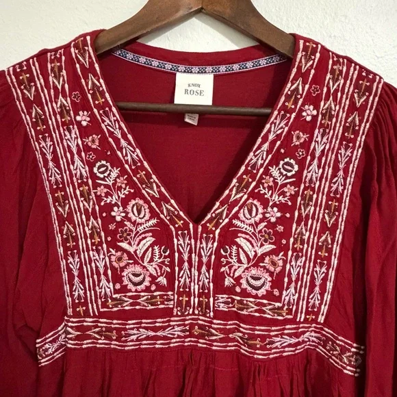 Knox Rose Embroidered V-neck Top Long Sleeves Boho Peasant Size Small Deep Red B - Picture 3 of 11